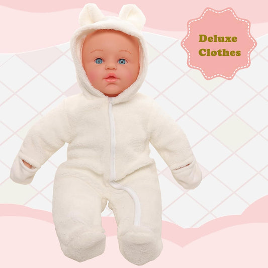 Miunana Babypuppe 43 cm Weichkörperpuppe in süßer Puppenkleidung, sehr handlich, niedliches Outfit, ohne Haare Weichkörper Puppen für Kinder ab 3 Jahren