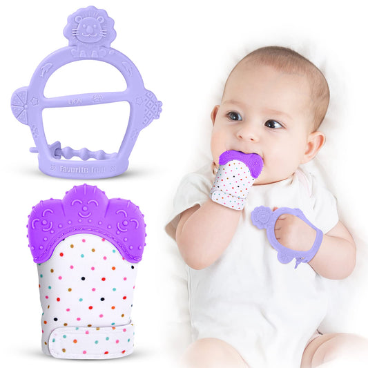 Vicloon Baby Teething Gloves with Teething Ring Toy, Soft Teething Ring for Baby, BPA Free, Soothe Sore Gums, Gloves Teething Toy for 0-6 Months Baby-Blue