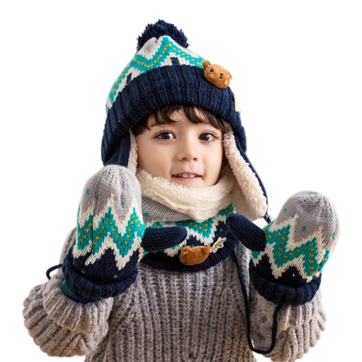 DORRISO Unisex-Baby Jungen Mädchen Mütze Schal Handschuh Set Niedlich Frühling Winter Herbst Beanie Strickmütze Warm Niedlich Klein Fuchs Wintermütze 1-6 Jahre alt