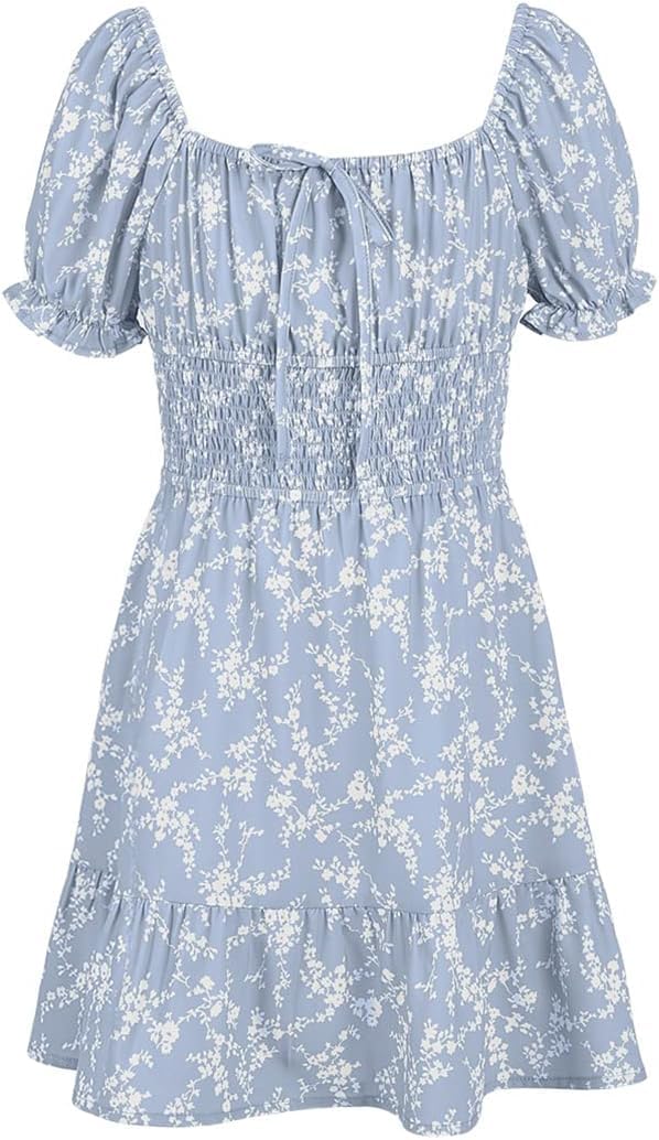 Haloumoning Girls Dresses Short Sleeve Summer Dress Kids Puffy Sleeve Floral Dress Square Neck A-Line Casual Dress Casual Party Wedding Festive Dress