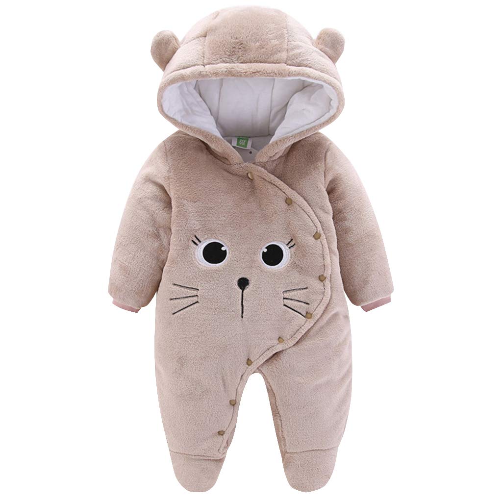 JiAmy Baby-Overall Baby-Strampler Flanell Winter-Strampelanzug mit Füßchen Kapuze Cartoon,Khaki 6-9 Monate