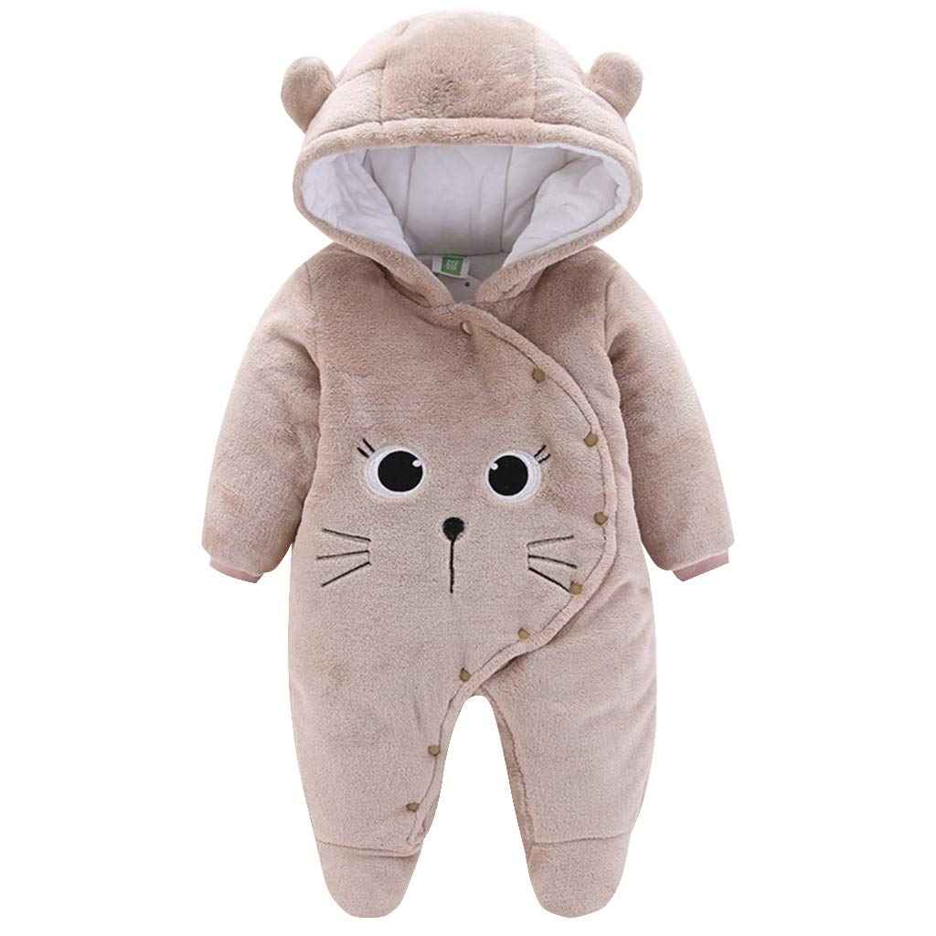 JiAmy Baby-Overall Baby-Strampler Flanell Winter-Strampelanzug mit Füßchen Kapuze Cartoon,Khaki 6-9 Monate