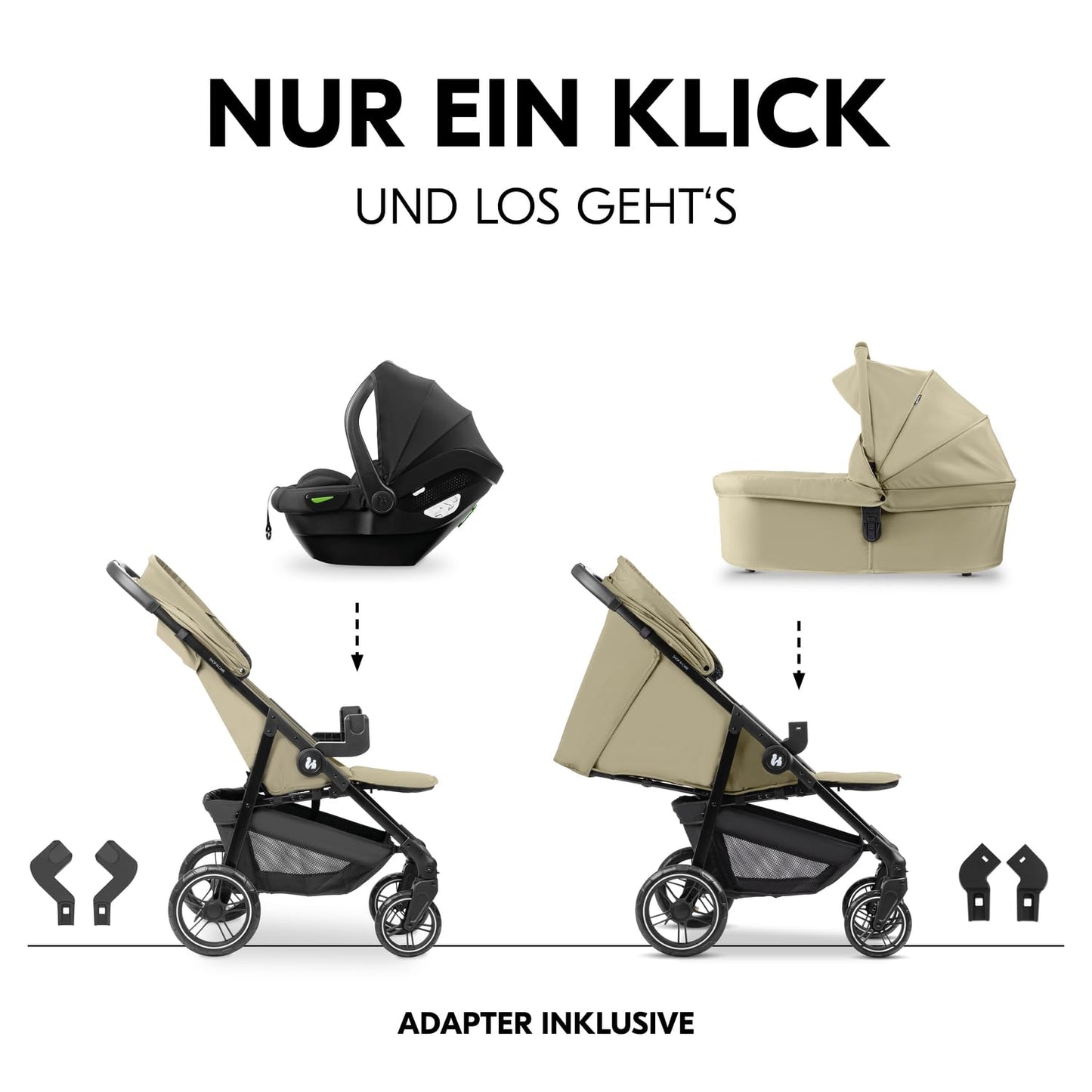 hauck 3in1 Kinderwagen Set Shop N Care Trio Set inkl. Buggy, Babywanne, Babyschale ab Geburt bis 22 kg, Klein Zusammenklappbar, Liegefunktion, Getränkehalter & Tablett, UV-Schutz 50+ (Grey)