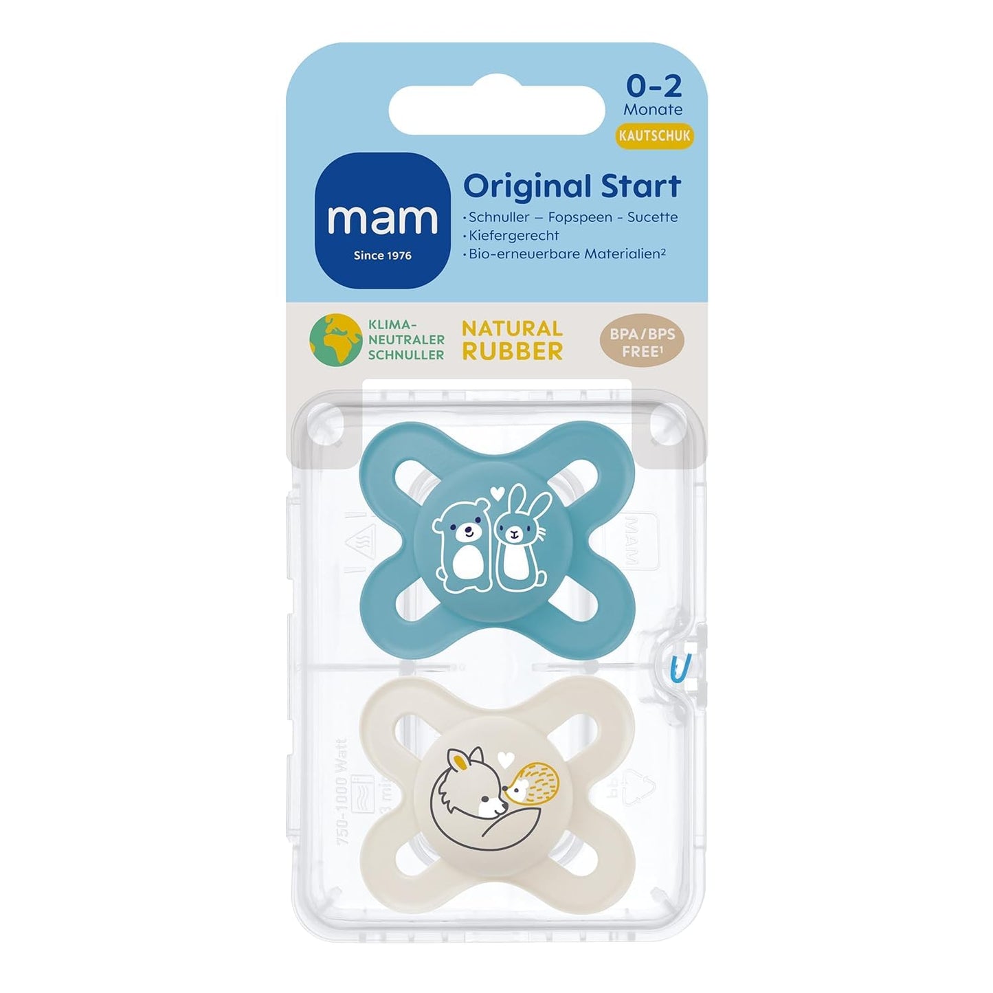 MAM Original Latexschnuller im 2er-Set, Schnuller aus nachhaltigen, bio-erneuerbaren Materialien, Baby Schnuller mit symmetrischem & kiefergerechtem Sauger, 0-6 Monate, Hase/Reh