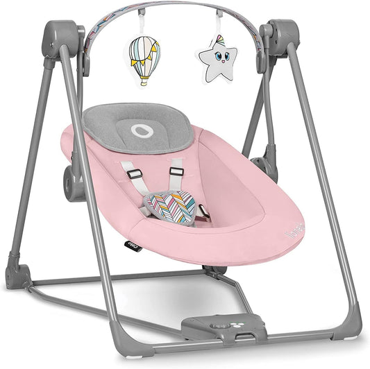 LIONELO Otto Baby Seesaw, Baby Swing, Play Arch with Interactive Toys, 5 Swing Speeds, Nature Sounds, from Birth to 9 kg, Foldable (Cozy Grey) (Pink)