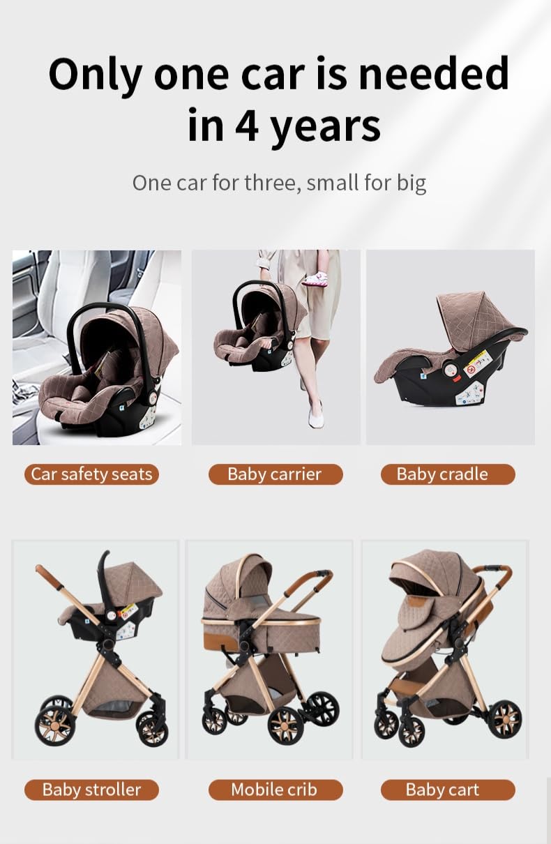 YAZOCO Kinderwagen 3 in 1 Buggy Babybett Komplett Set mit einem Klick Zusammenklappbarer Kinderwagen, KombiKinderwagen Aluminiumrahmen für Neugeborene Sitzzubehör