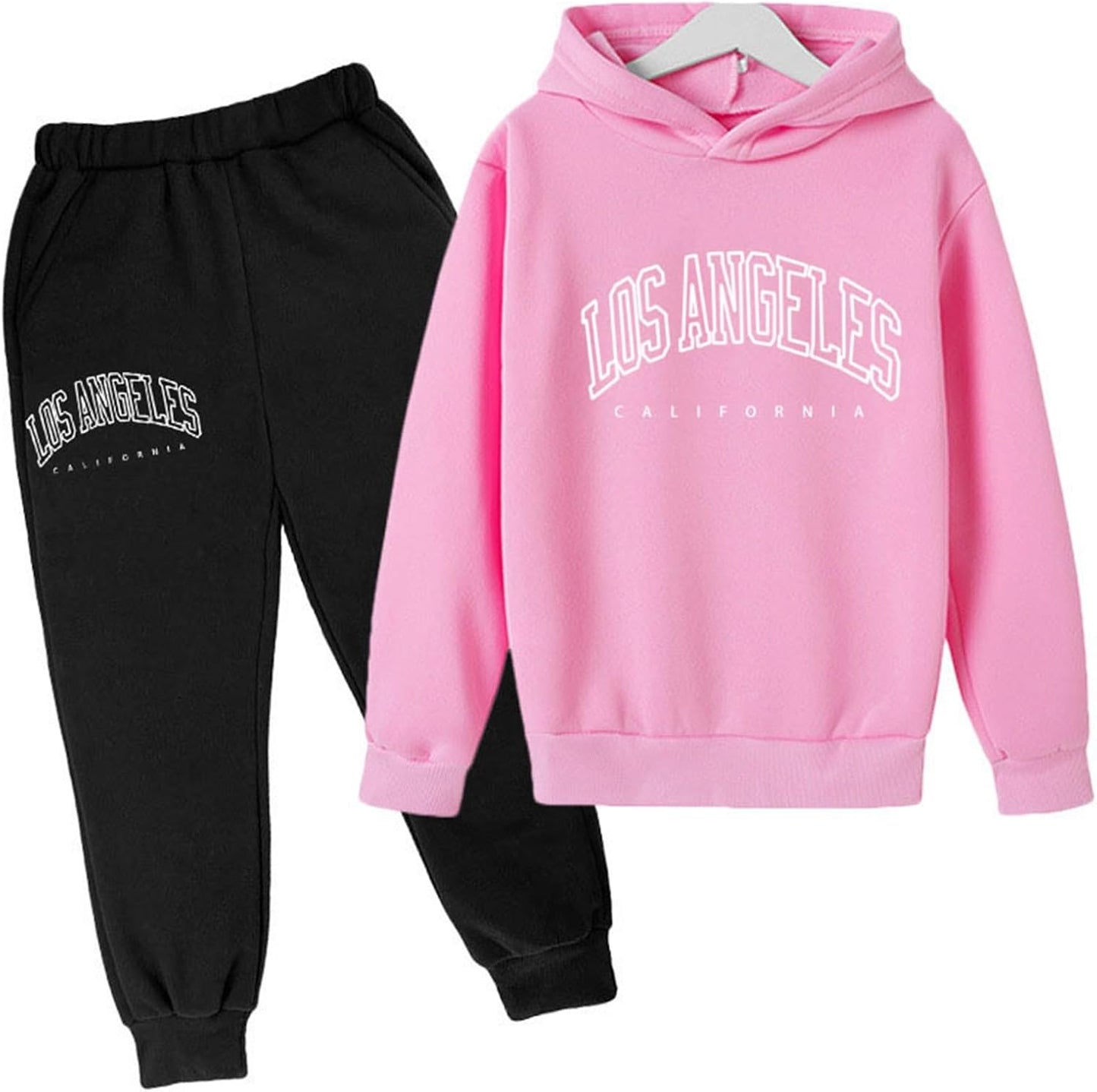 Los Angeles California Herbst-Outfit für Mädchen, 2-teilig, Kapuzenpullover, bequem, Kleinkind, Sweatsuits, Kapuzen-Sweatshirt, Sweathosen-Set, grafische Buchstaben, Sweatsuit-Set, lässige Jogginghose