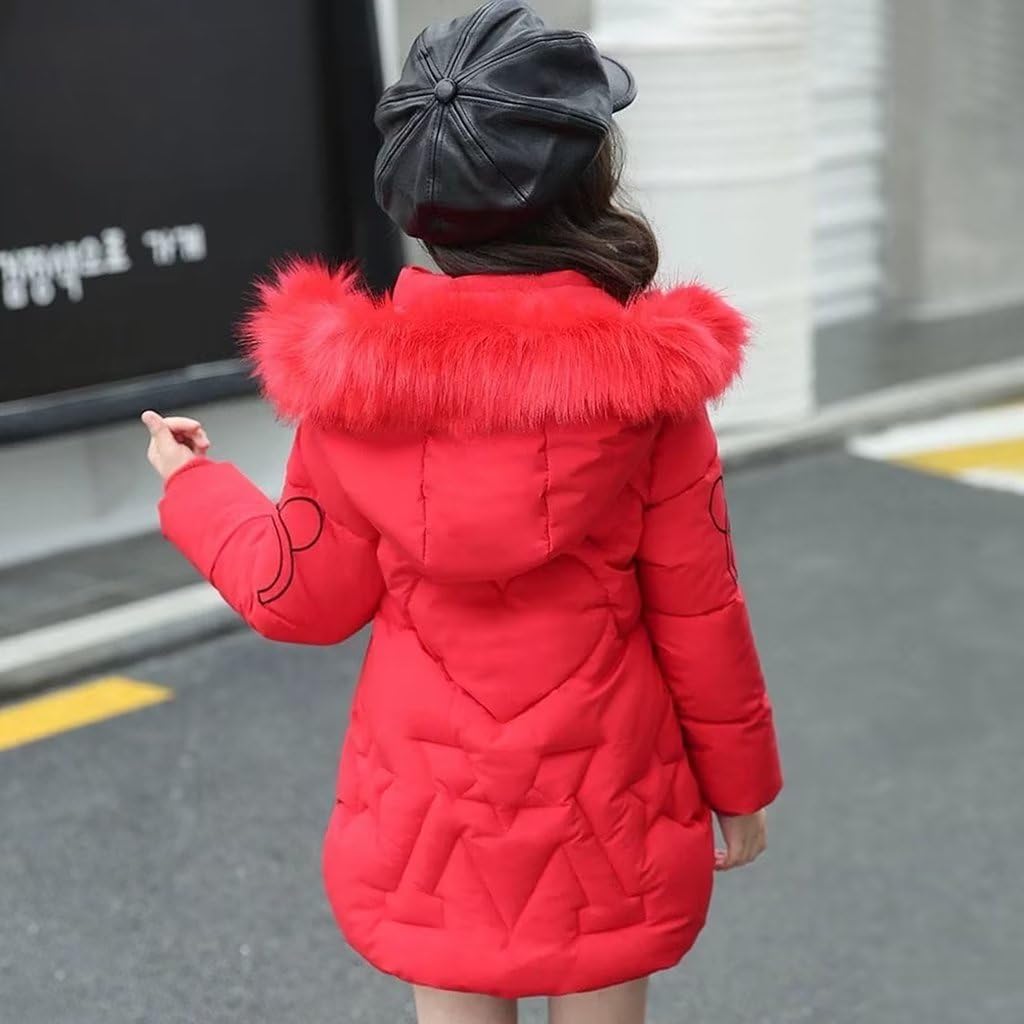linboo Girls' Winter Jacket with Removable Fur Hood Warm Long Coat Children's Parka Outdoor Jacket with Letters and Cute Patterns
