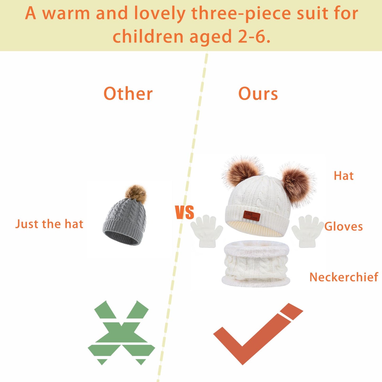 LINSOCLE 3-in-1 Children's Winter Hat Scarf Gloves Set, Knitted Hat Baby Hat Children's Hat Set, Boys Warm Winter Hat Beanie Hat Gloves Round Scarf Set for Children 2-6 Years