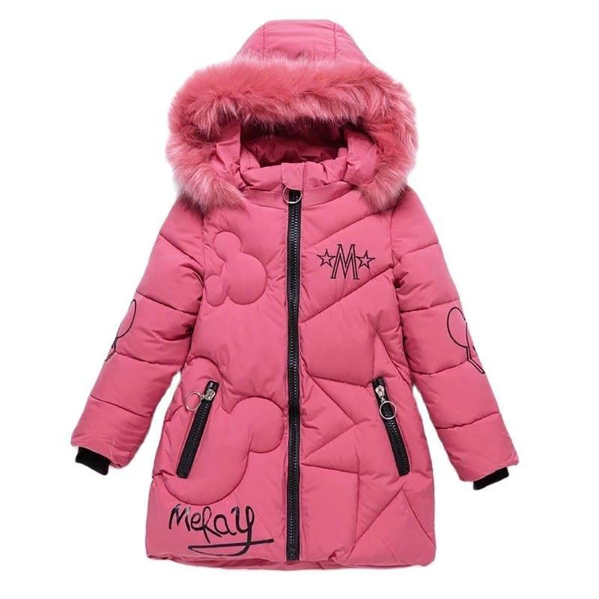 linboo Girls' Winter Jacket with Removable Fur Hood Warm Long Coat Children's Parka Outdoor Jacket with Letters and Cute Patterns
