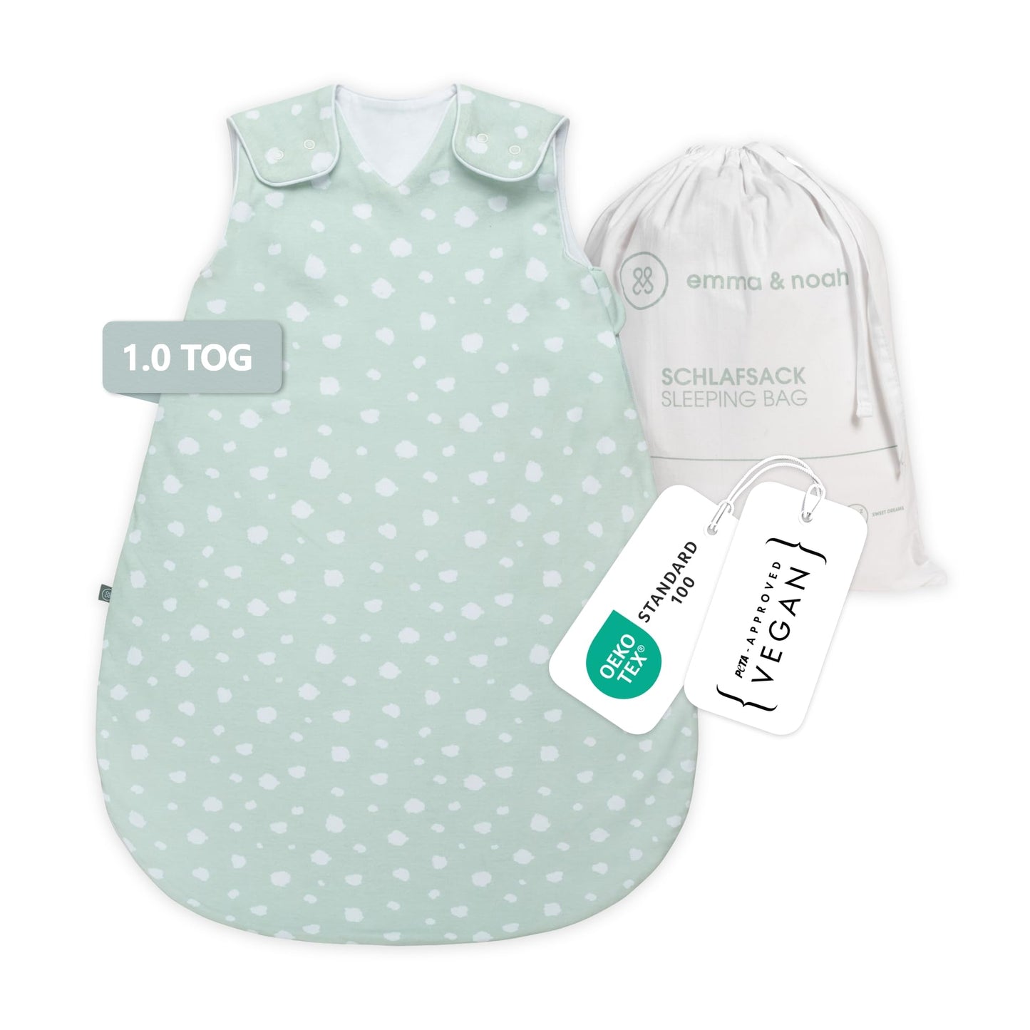 emma & noah Baby Sleeping Bag 1.0 TOG, All-Year Sleeping Bag for Spring, Summer and Autumn, 100% Organic Cotton, Oeko-Tex Certified, Romper Bag for Newborns (Leo Grey, 70 cm)