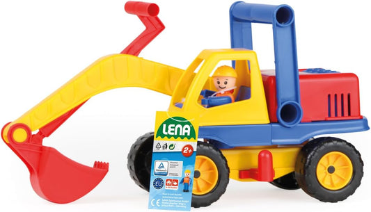 Lena 04151 Aktiv Bagger, ca. 35cm, mit beweglicher Lena Spielfigur, Baustellen Spielfahrzeug für Kinder ab 2 Jahre, robuster Schaufelbagger mit funktionstüchtigen Baggeram und Haltegriff
