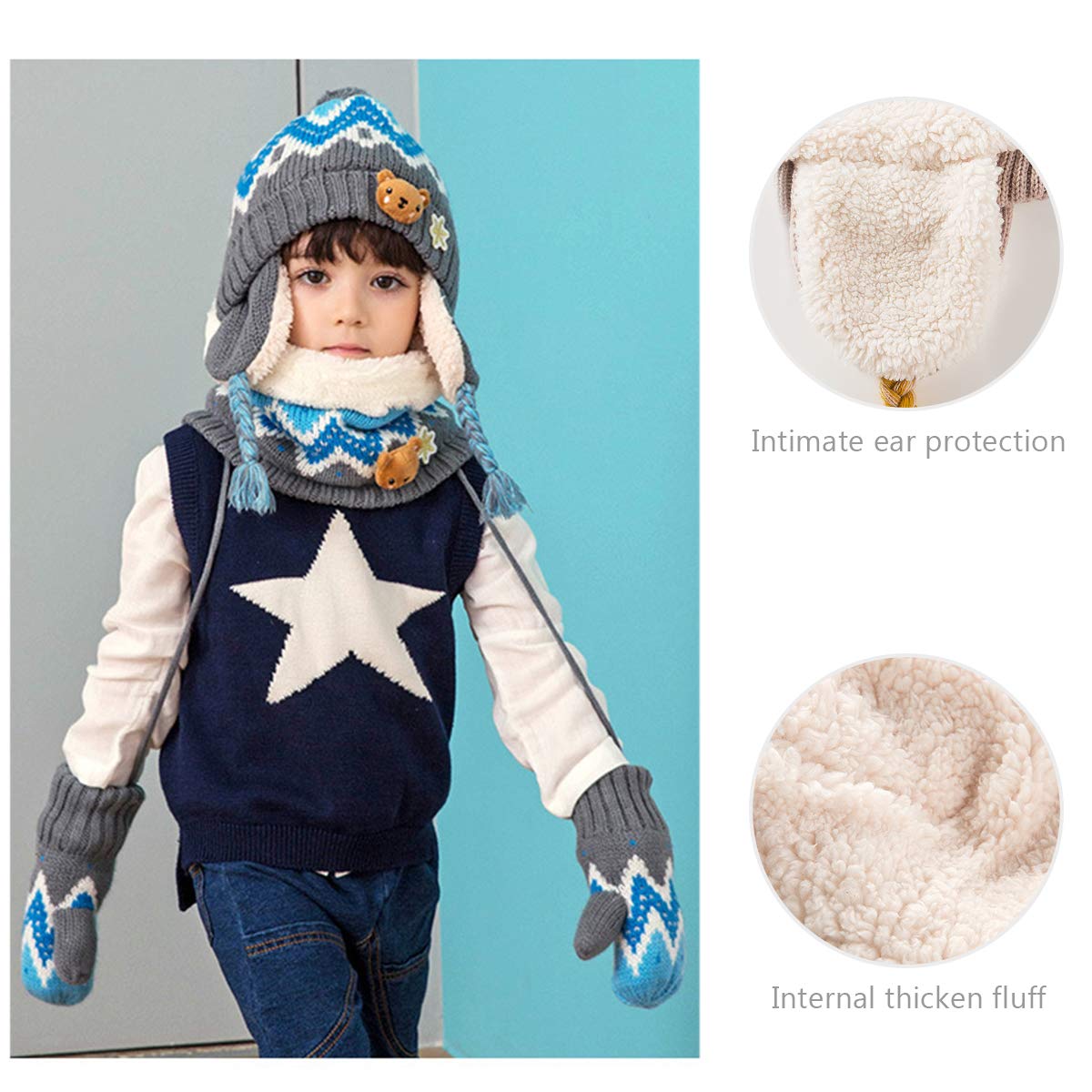 DORRISO Unisex-Baby Jungen Mädchen Mütze Schal Handschuh Set Niedlich Frühling Winter Herbst Beanie Strickmütze Warm Niedlich Klein Fuchs Wintermütze 1-6 Jahre alt