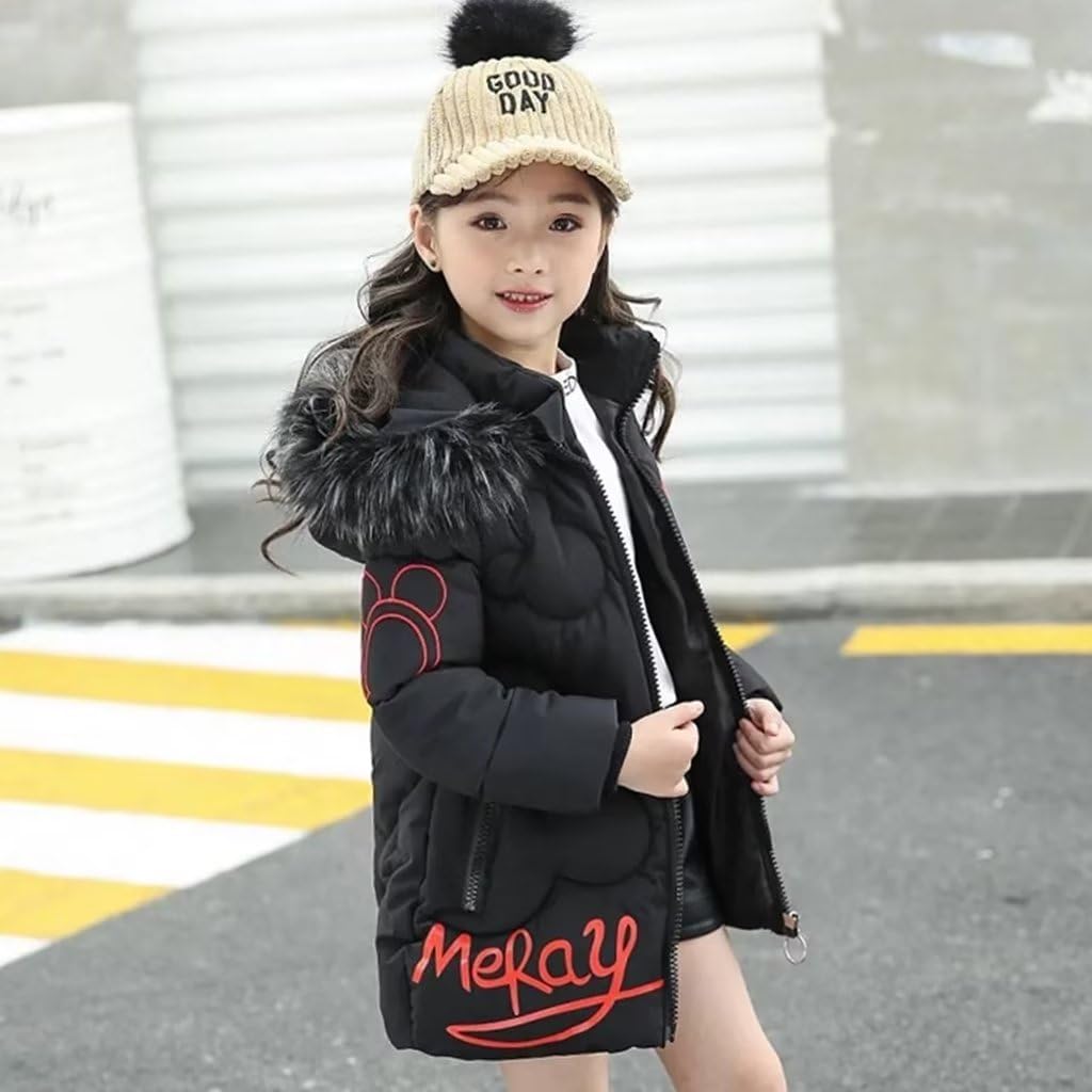 linboo Girls' Winter Jacket with Removable Fur Hood Warm Long Coat Children's Parka Outdoor Jacket with Letters and Cute Patterns