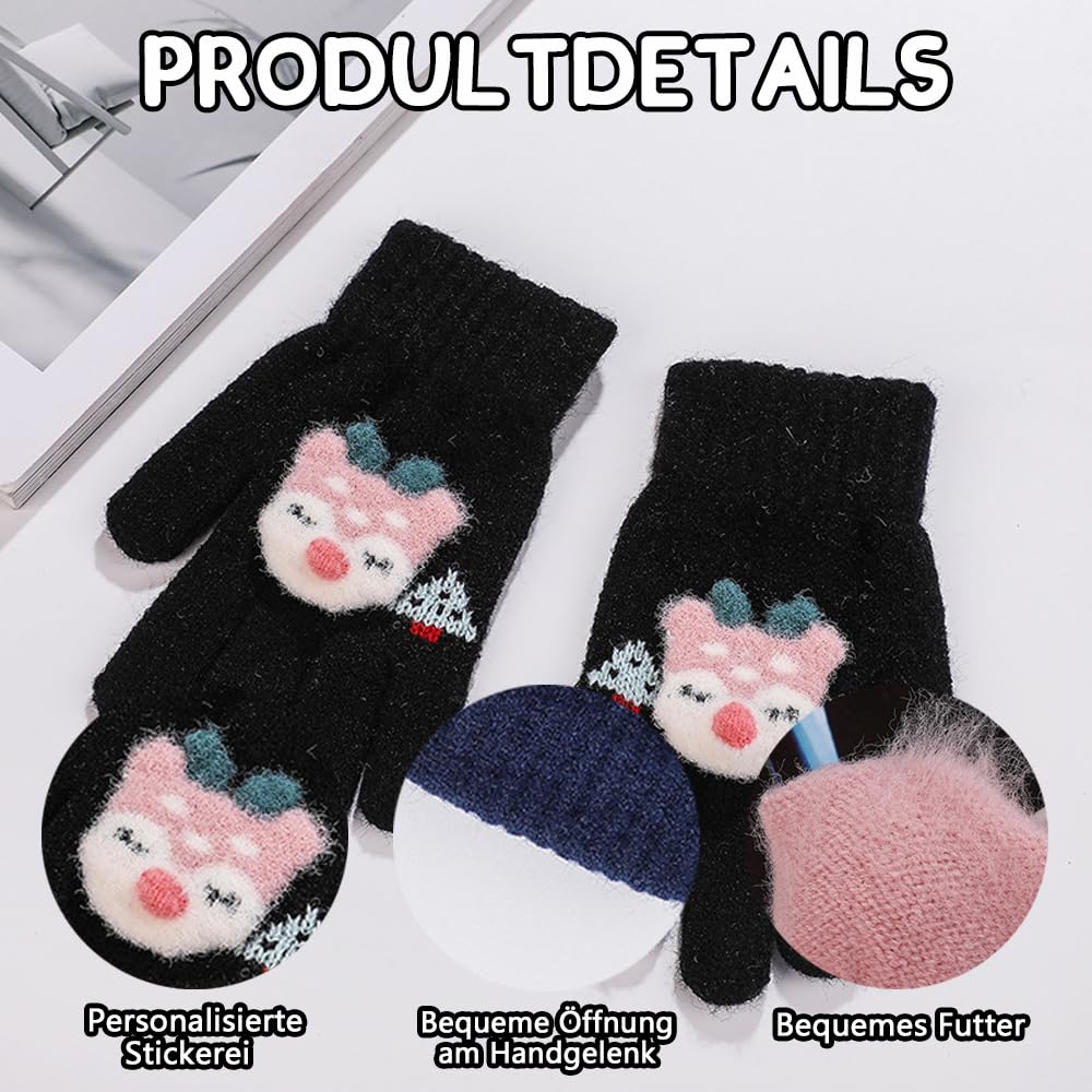 ZDQC 2 Paar Warme Strickhandschuhe Kinder,Süße Handschuhe Kinder,Handschuhe Kinder Stretch,Winter Warme Strickhandschuhe,Vollfinger Handschuhe,Fingerhandschuhe Kinder Winter
