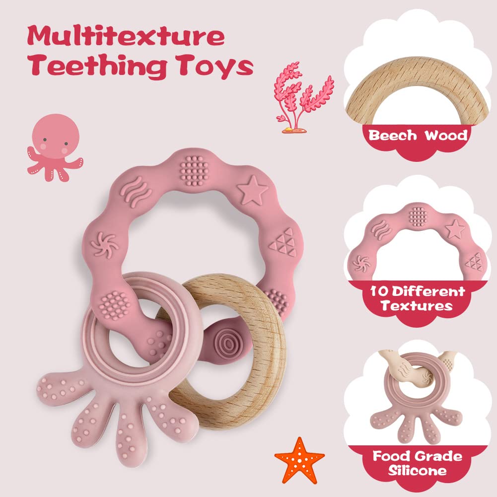 Vicloon Beißring für Babys, Beißring Spielzeug aus Silikon und Holzringe, Baby Zahnungshilfe BPA-frei, Schmerzlindernde Zahnen Nursing Zubehör für ab 3 Monaten Babys(Wal Blau)