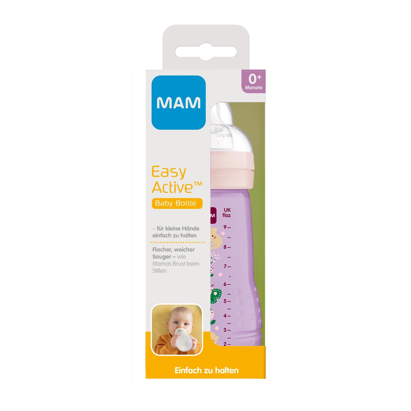 MAM Easy Active Trinkflasche im 2er-Set (330 ml), Baby Trinkflasche inklusive MAM Sauger Größe 2 aus SkinSoft Silikon, Milchflasche mit ergonomischer Form, 4+ Monate, Weltall