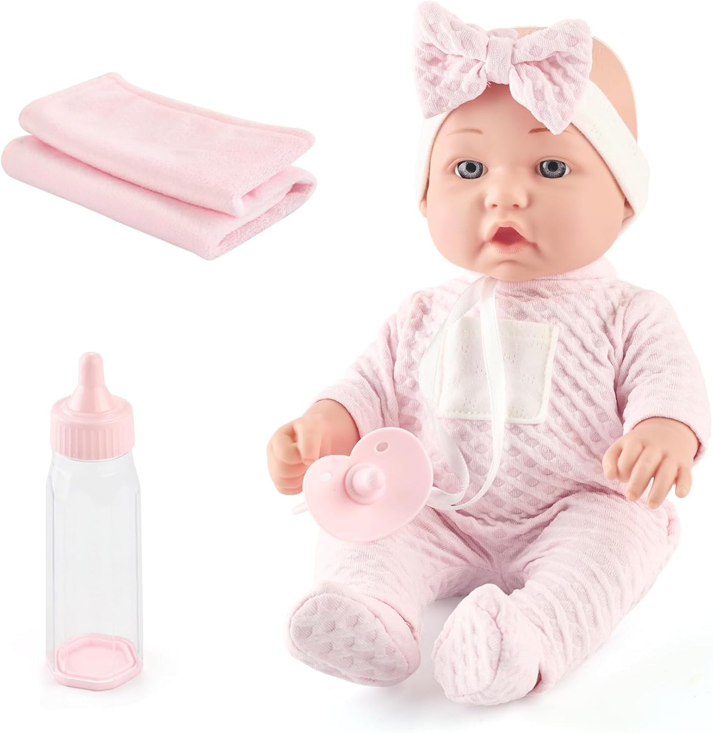 eDollable 30 cm Baby Doll in a Gift Box with Dummy, Bottle and Soft Blanket, Newborn Baby Doll Toy for Toddlers