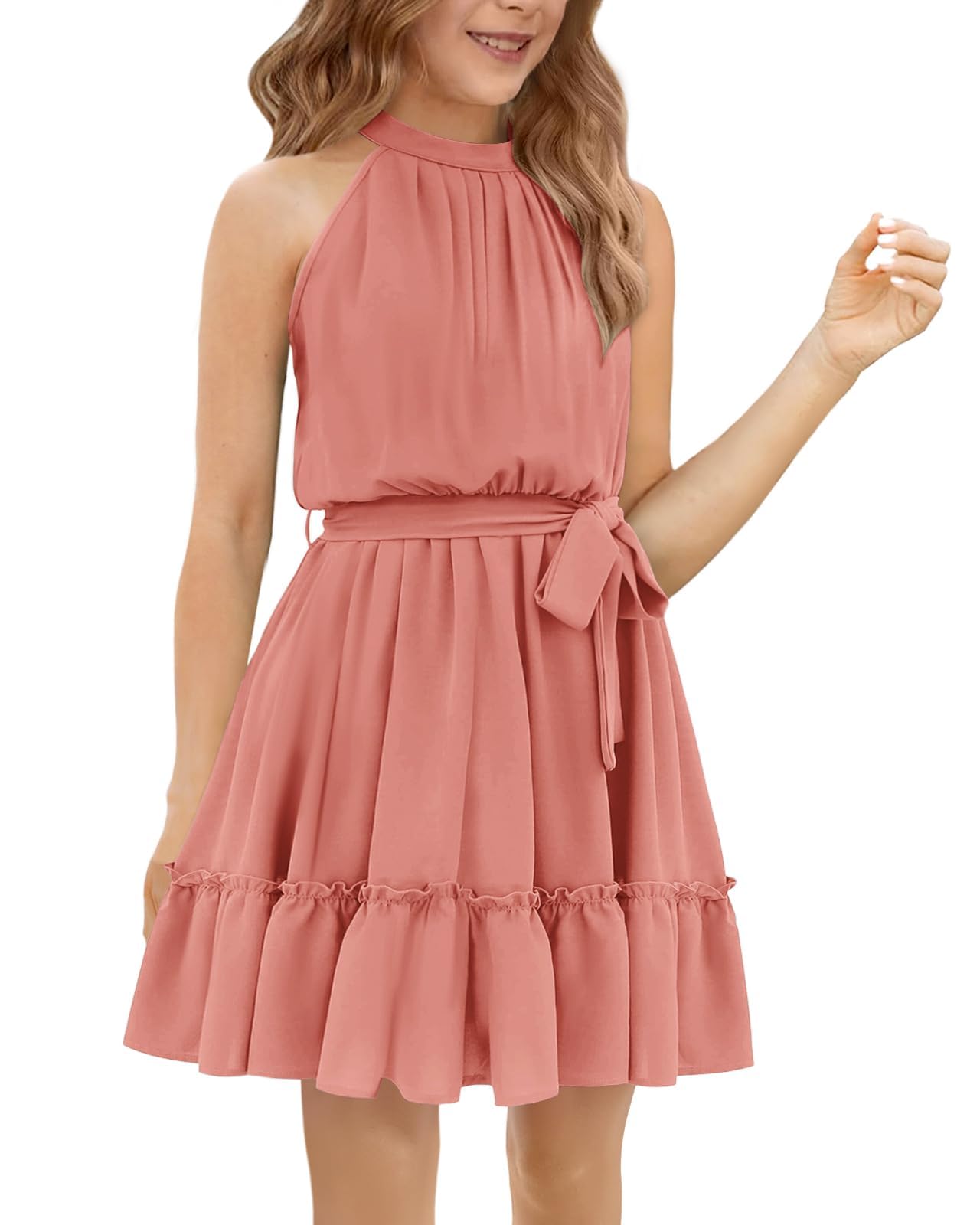 Halomoning Girls Dress Sleeveless Simple Classic Casual Knee Length for Kids Summer Princess Party Wedding Tie Waist A-Line