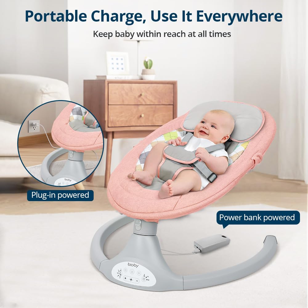 Bioby Elektrische Babywippe | Babyschaukel mit 5-Punkt-Gurt & 5 Schaukelmodi, Leicht & Sicher Wippe Baby Elektronisch mit Bluetooth-Musik & Fernbedienung, für 0-12 Monate (2-9 kg), Grau