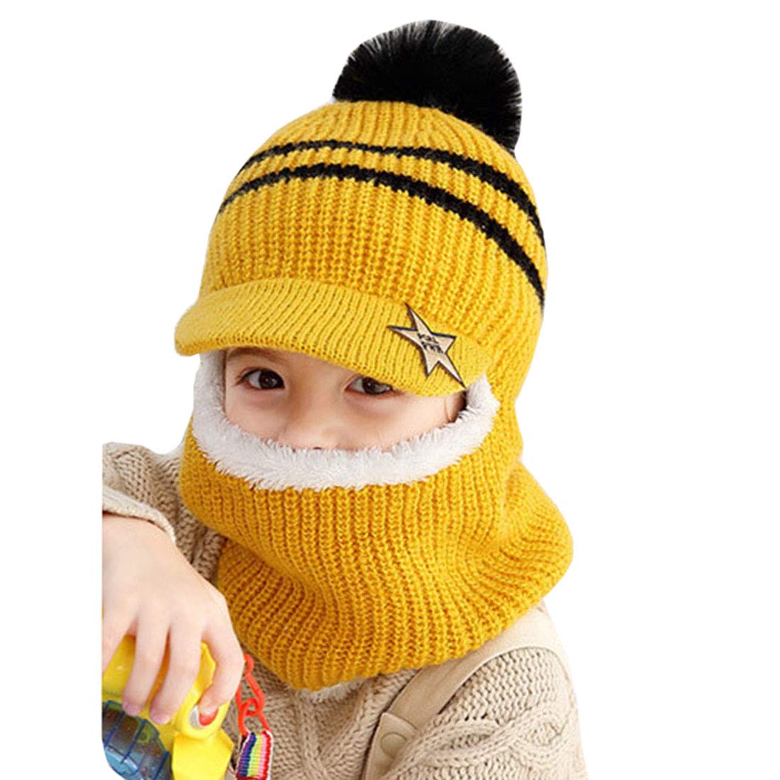 YONKOUNY Kinder Wintermütze Jungen Mädchen Warm Niedlich Strickmütze Schalmütze Schlupfmütze Beanie Mütze mit Fleecefutter
