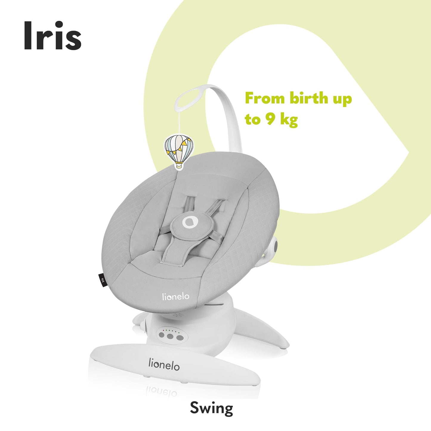 LIONELO Iris Electric Baby Rocker 360° Rotatable for Babies up to 9 kg Adjustable Backrest, 5 Weighing Speeds, Non-Slip Safety Belt, 12 Melodies Hanger with Toy Remote Control