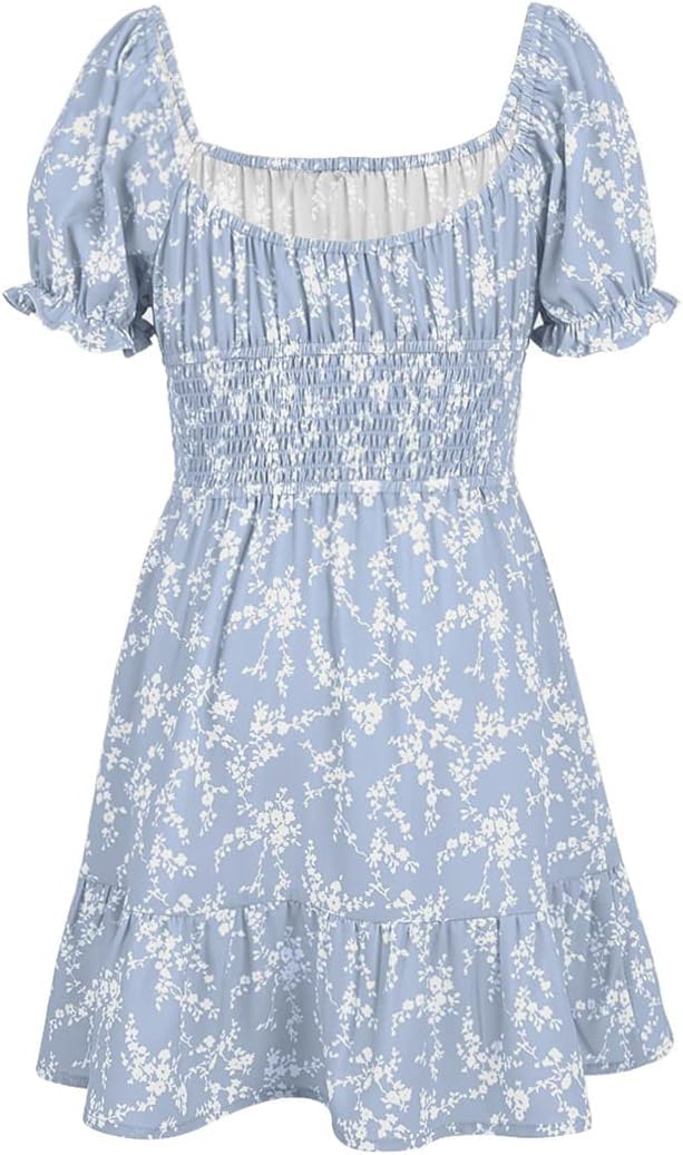 Haloumoning Girls Dresses Short Sleeve Summer Dress Kids Puffy Sleeve Floral Dress Square Neck A-Line Casual Dress Casual Party Wedding Festive Dress