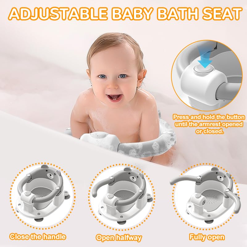 Baby Bath Seat from 6 Months, Bear Non-Slip Bath Seat Baby with 4 Suction Cups and Cushions for Toddlers and Newborns, Safe Portable Bath Chair for Shower or Bathtub, Pink