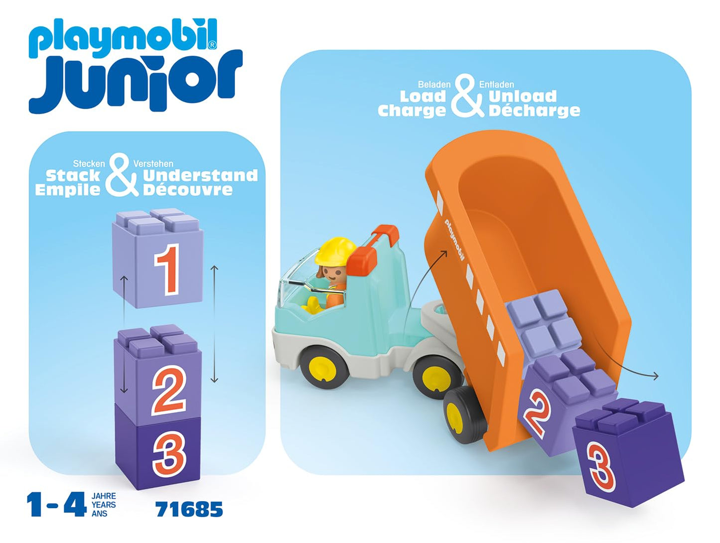 PLAYMOBIL Junior 71685 Dump Truck Sustainable Toy for Children from 1 Year Including Builder and Three Building Blocks