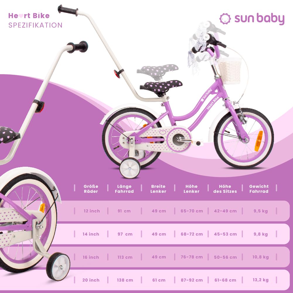sun baby Mädchenfahrrad 12, 14 und 16 Zoll Radgröße Heart Bike zur Auswahl, mit Abnehmbarer Schubstange, Kinderfahrrad für Mädchen von 2 bis 6 Jahre