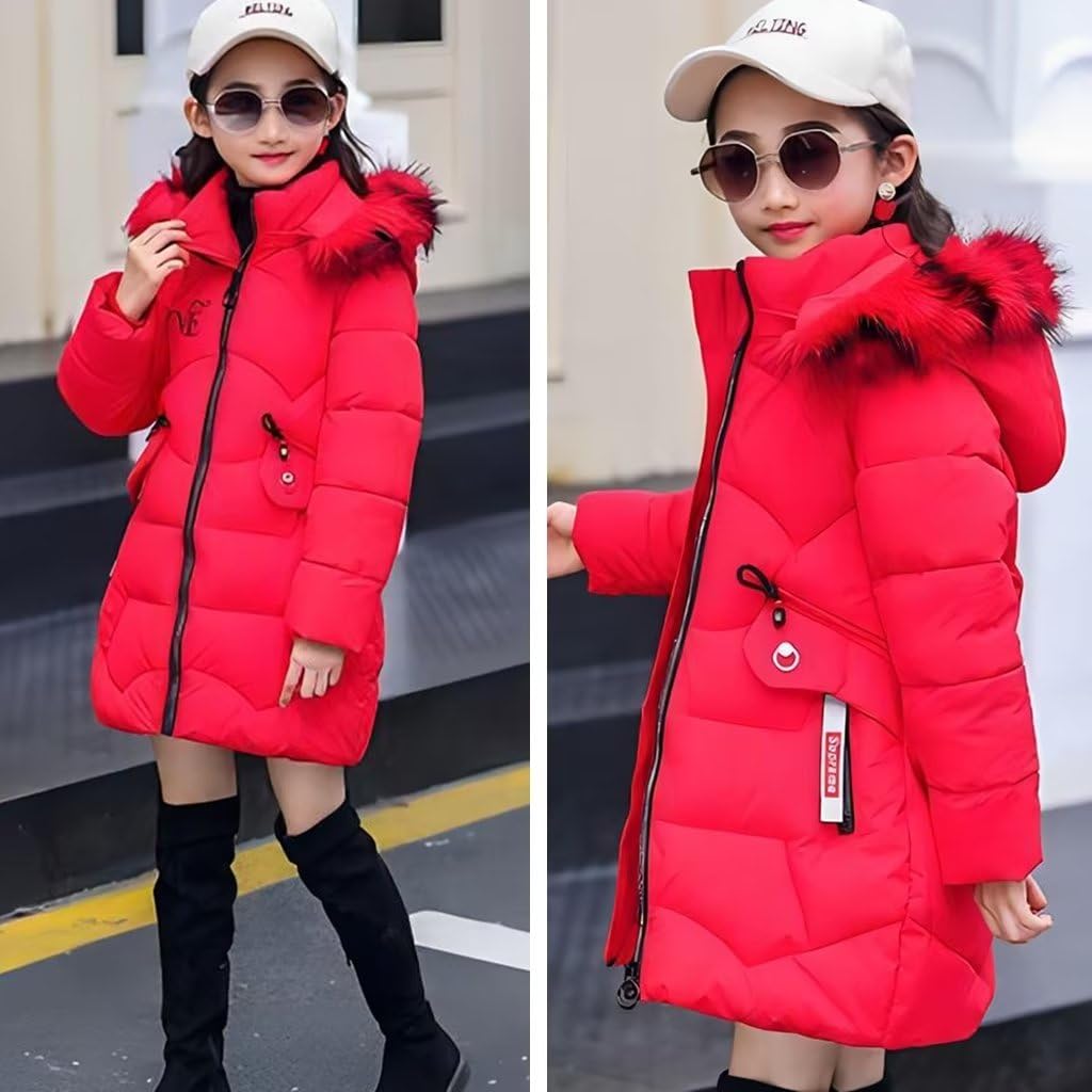 linboo Girls' Winter Jacket Children's Winter Coat Thick Quilted Jacket Long Warm Parka Cotton Jacket Outdoor Coat with Fur Hood and Love Embroidery Print
