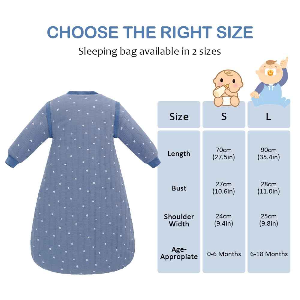 amo nenes Baby Sleeping Bag 2.5 TOG, Baby Autumn Winter Long Sleeve Sleeping Bag, 100% Cotton, Removable Sleeves, Length 72 cm, 0-6 Months (Blue)