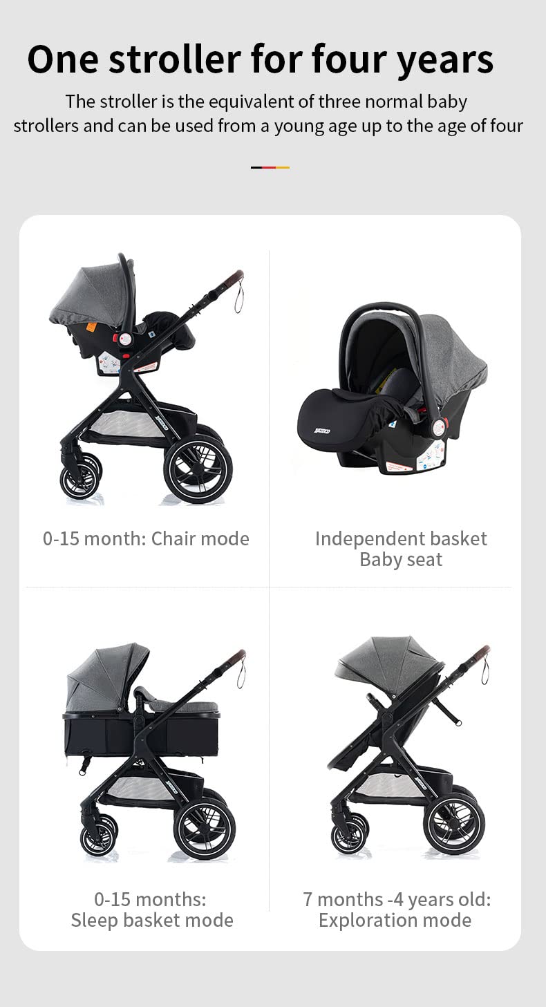 YAZOCO Kompakter 3 in 1Kinderwagen Anstout Terrain Luxus Hohe Landschaft Vierfacher Kinderwagen 0-36kg Faltbarer Gehstock Baby Kinderwagen Komfort Autositz Zubehör (Schwarz)