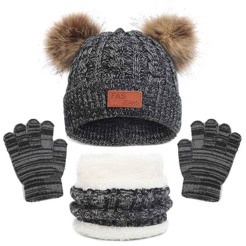 LINSOCLE 3-in-1 Children's Winter Hat Scarf Gloves Set, Knitted Hat Baby Hat Children's Hat Set, Boys Warm Winter Hat Beanie Hat Gloves Round Scarf Set for Children 2-6 Years
