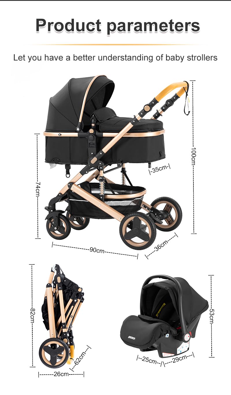YAZOCO Kinderwagen 3 in 1 Buggy Babybett Komplett Set mit einem Klick Zusammenklappbarer Kinderwagen, KombiKinderwagen Aluminiumrahmen für Neugeborene Sitzzubehör - Meloni2