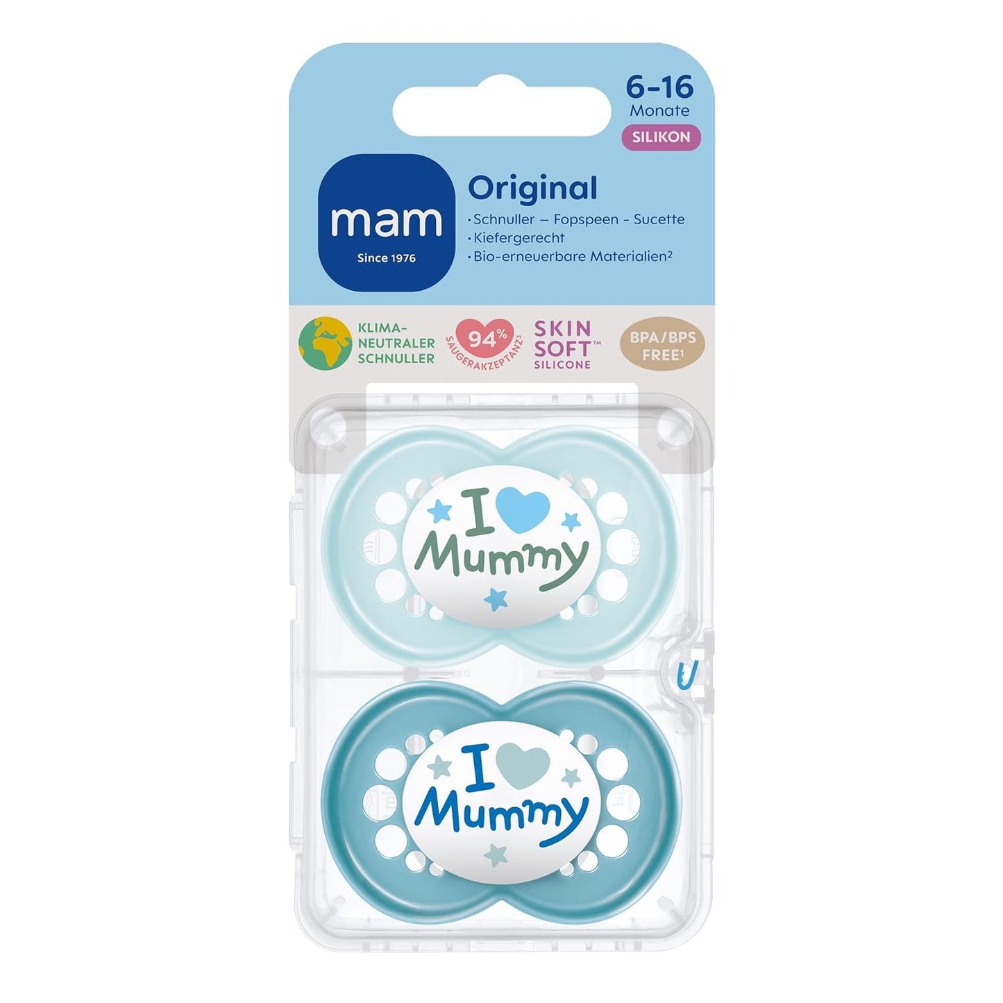 MAM Original Schnuller im 2er-Set, zahnfreundlicher Baby Schnuller aus nachhaltigen & bio-erneuerbaren Materialien, Sauger aus MAM SkinSoft Silikon, mit Schnullerbox, 0-6 Monate, blau/beige - Meloni2