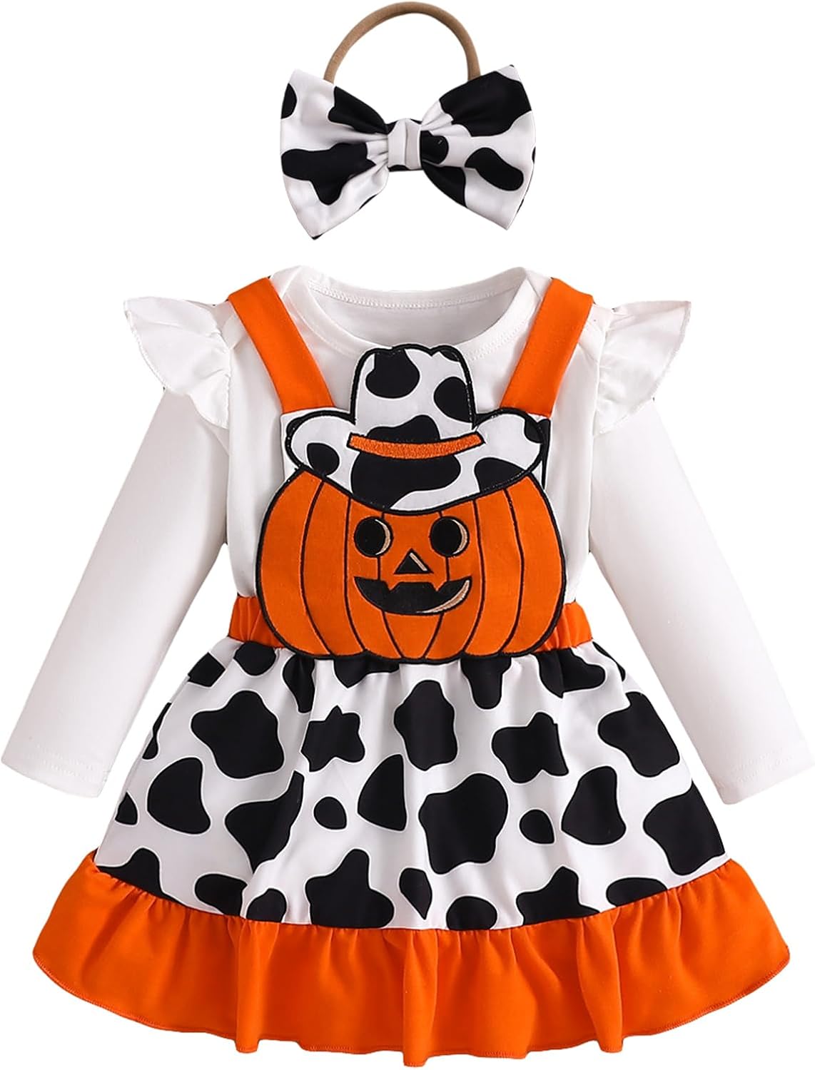 ESSECMBS Infant Baby Girl Halloween Romper Skirt 3 Pieces Clothing Set Long Sleeve Ruffle Shoulder Body Braces Pumpkin Ghost Skirt Headband Girls All Saints Clothing