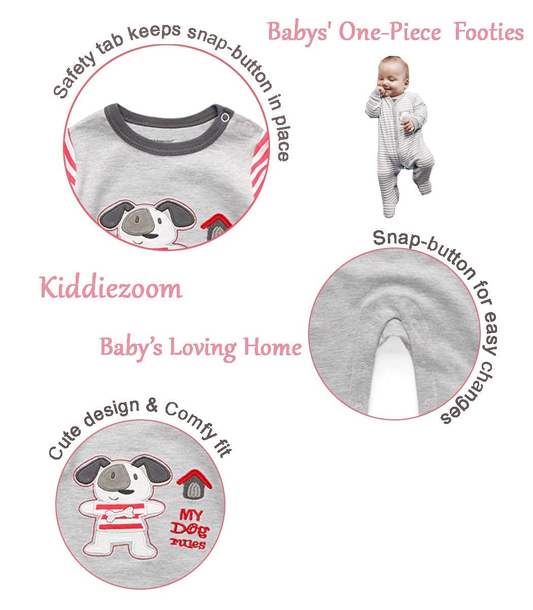 Kiddiezoom Unisex Baby Boys Girls Sleepsuit Pajamas Cotton Overalls Rompers, 3 Pack