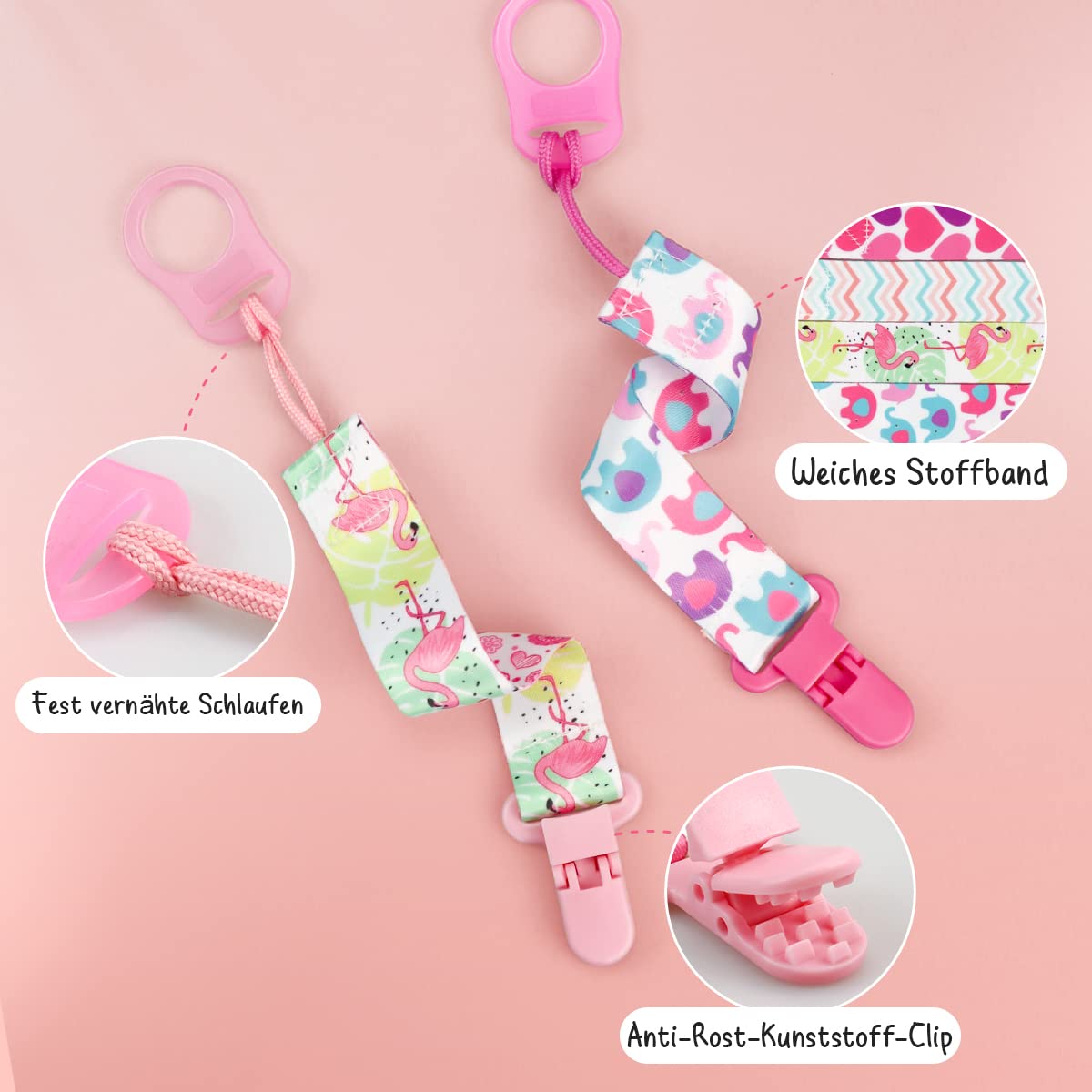 Suofuolef 4 Pack Schnullerkette Baby Mädchen, Baby Schnullerband Set mit Adaptern, Schnuller Clips für Neugeborenen Geburt & Taufe Geschenk, Rose