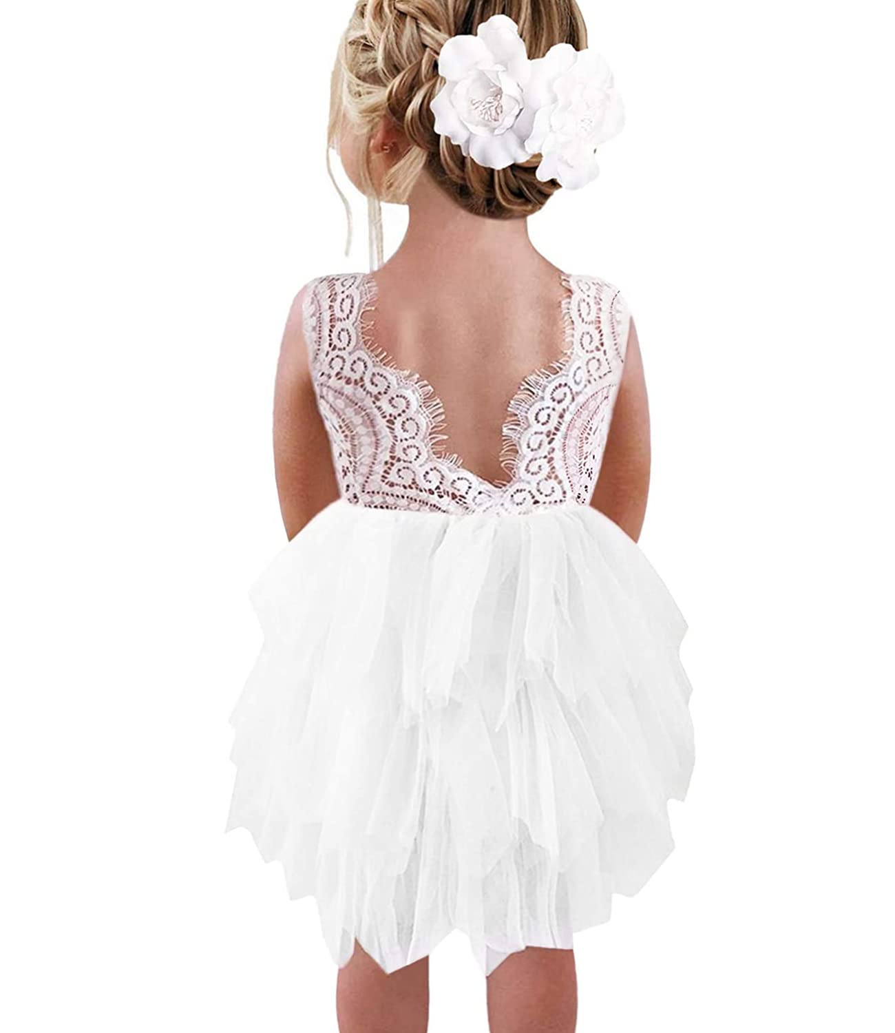Beganly Mädchen Festtagskleider Spitze V-Rücken Kleid ärmellos Flauschig Tüll Prinzessin Partykleid Blumenmädchen Kleider