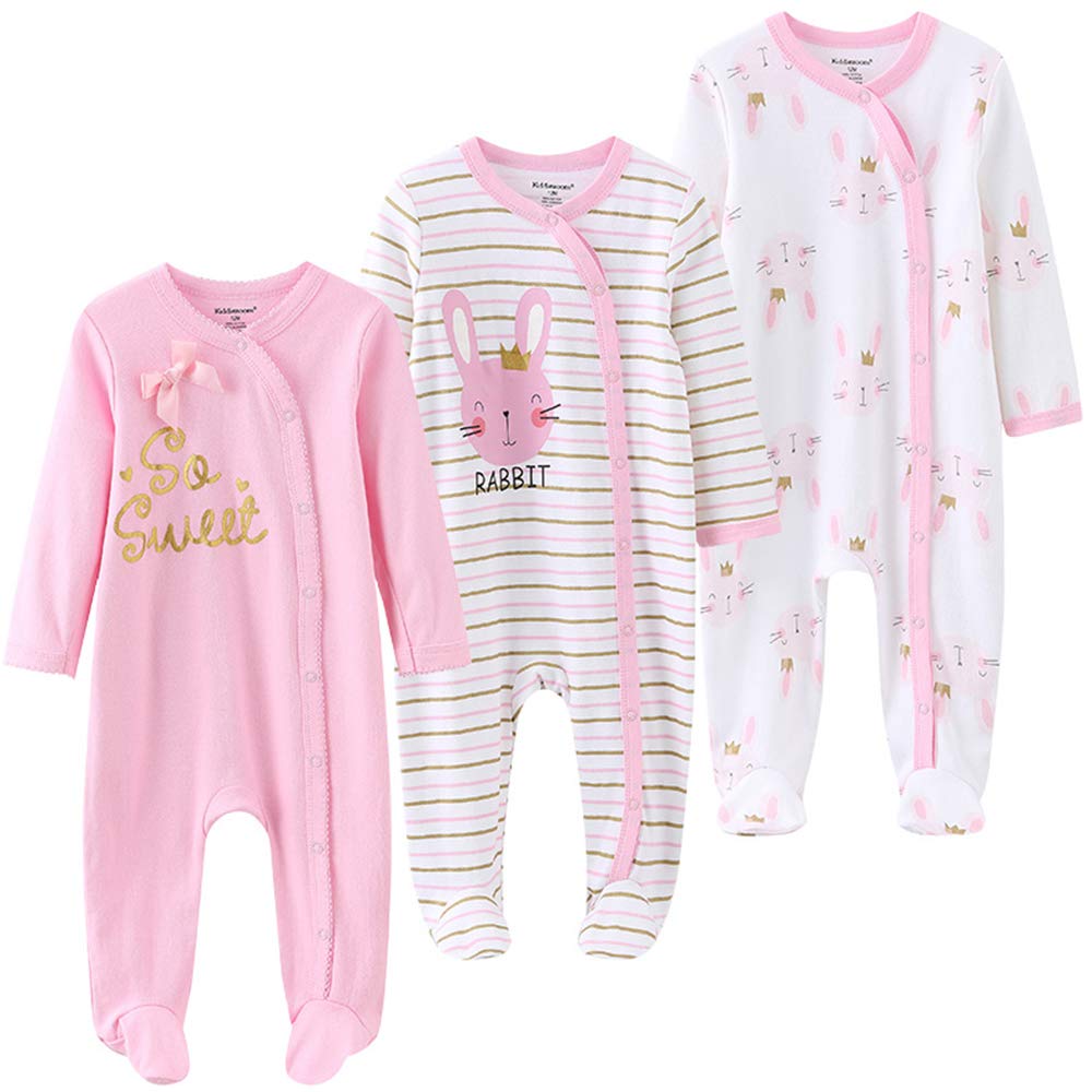 Kiddiezoom Unisex Baby Boys Girls Sleepsuit Pajamas Cotton Overalls Rompers, 3 Pack
