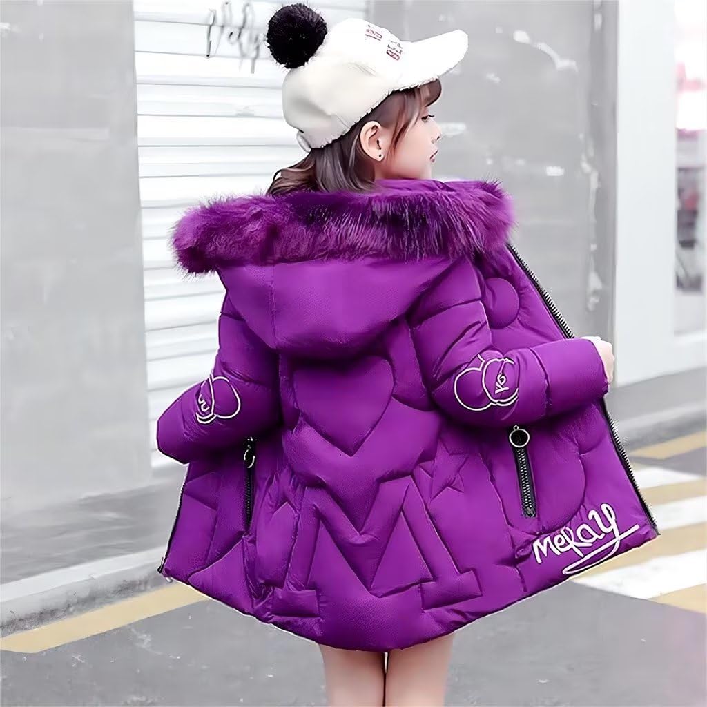 linboo Girls' Winter Jacket with Removable Fur Hood Warm Long Coat Children's Parka Outdoor Jacket with Letters and Cute Patterns