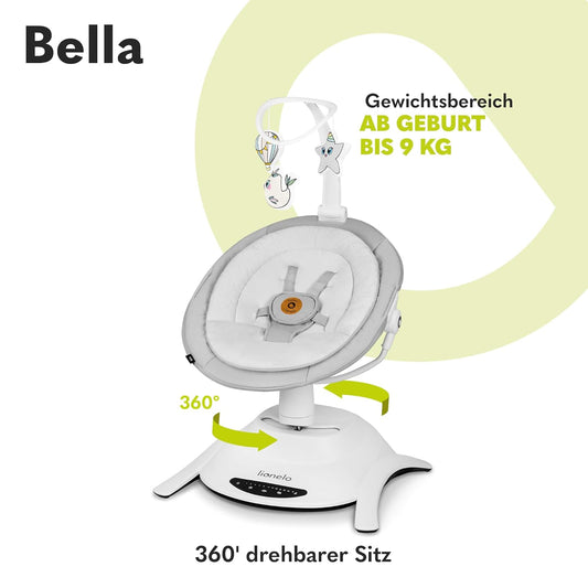 LIONELO Bella Elektrische Babywippe 360o für Babys bis 9 kg, verstellbare Rückenlehne, 5 Schaukelgeschwindigkeiten Sicherheitsgurt Erkennung von Bewegungen Anti-Rutsch