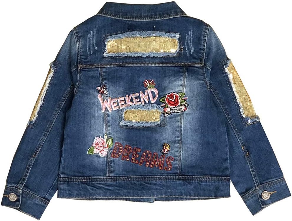 Peacolate 2-11 Jahre kleine Mädchen Stickerei Pailletten Schmetterling Mäntel Jeansjacke