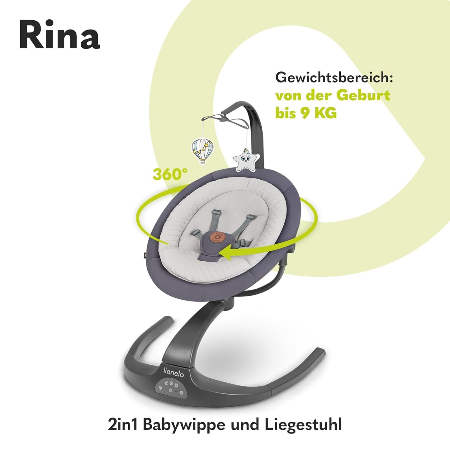 LIONELO Rina Baby Rocker and Deck Chair 2-in-1, Remote Control, 360° Rotating Seat, Two Swing Directions, 5 Swing Speeds, Locking, Backrest Adjustment, Timer, 12 Melodies