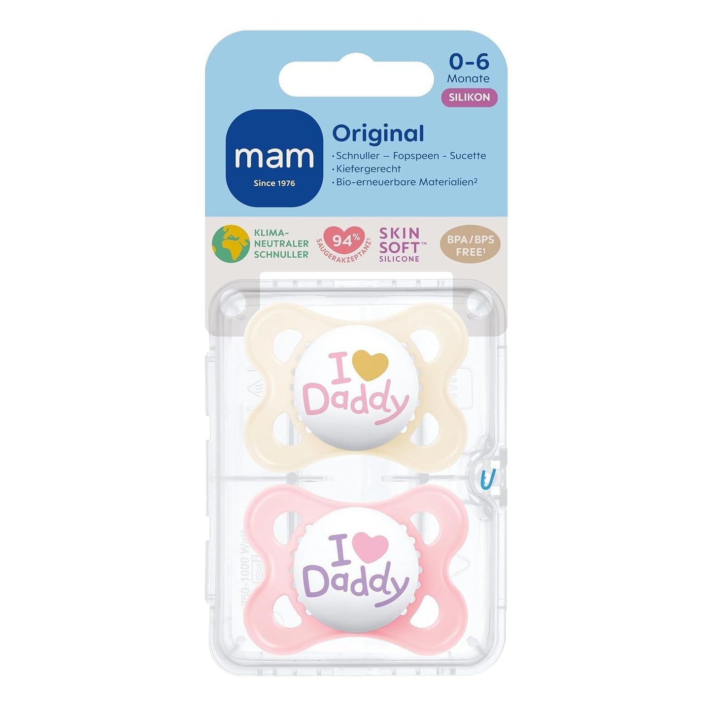 MAM Original Schnuller im 2er-Set, zahnfreundlicher Baby Schnuller aus nachhaltigen & bio-erneuerbaren Materialien, Sauger aus MAM SkinSoft Silikon, mit Schnullerbox, 0-6 Monate, blau/beige - Meloni2