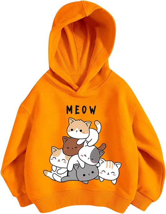 Pullover Mädchen Hoodie Niedlicher Katzen-Druck Lässig Locker Kapuzenpullover Frühling Herbst Langarm Pullover Sweatshirt mit Kapuzen Langarmshirt Oberteile für 3-12 Jahre