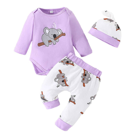 Himllauen Baby Boys Girls 3-Piece Set Koala Print Bodysuit + Trousers + Hat Baby Set Toddler Clothing Cute Outfit