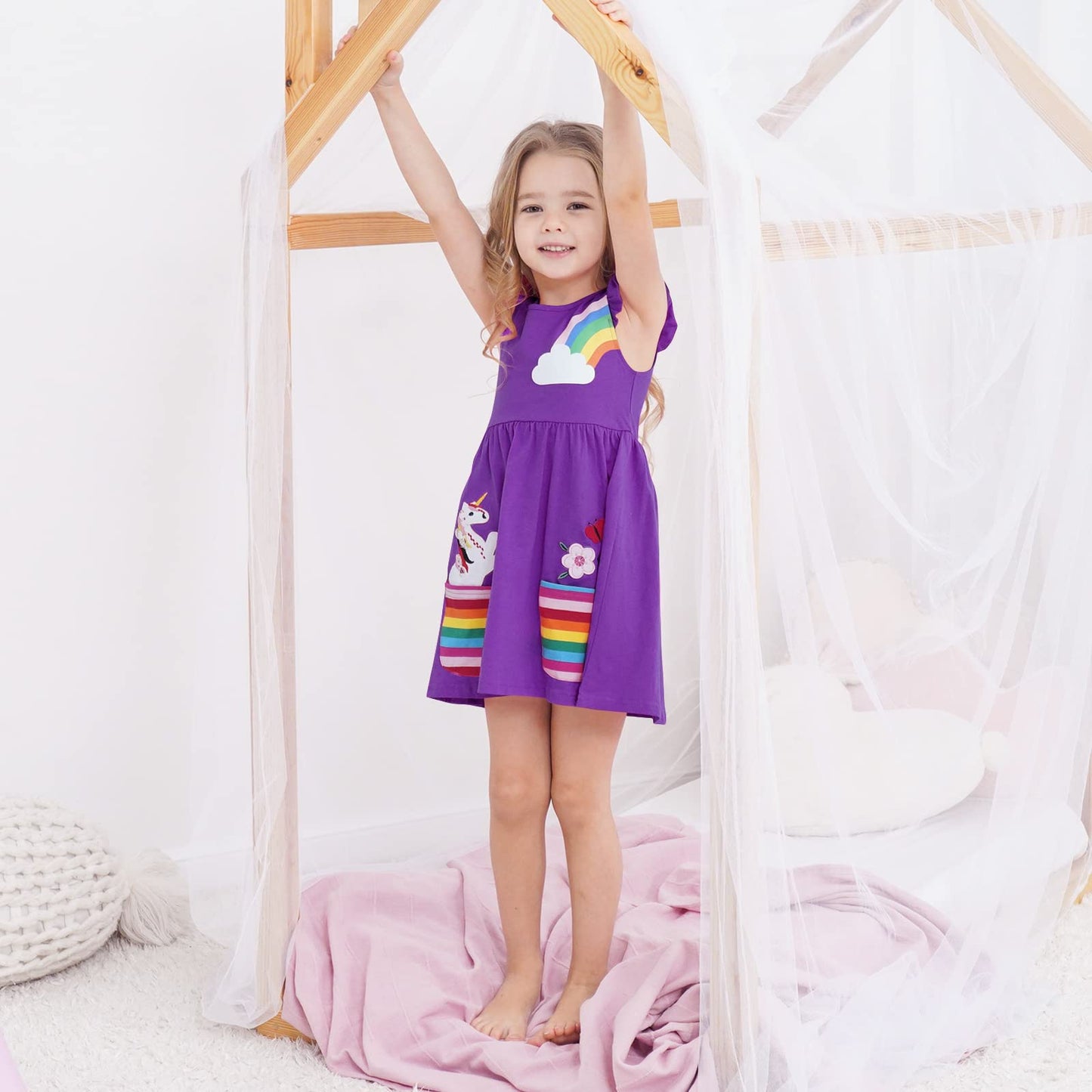 SFreeBo Girls Dresses Unicorn Rainbow Dress Kids Girls Gift Cotton Colourful Dresses for Girls 104 110 116 122 128