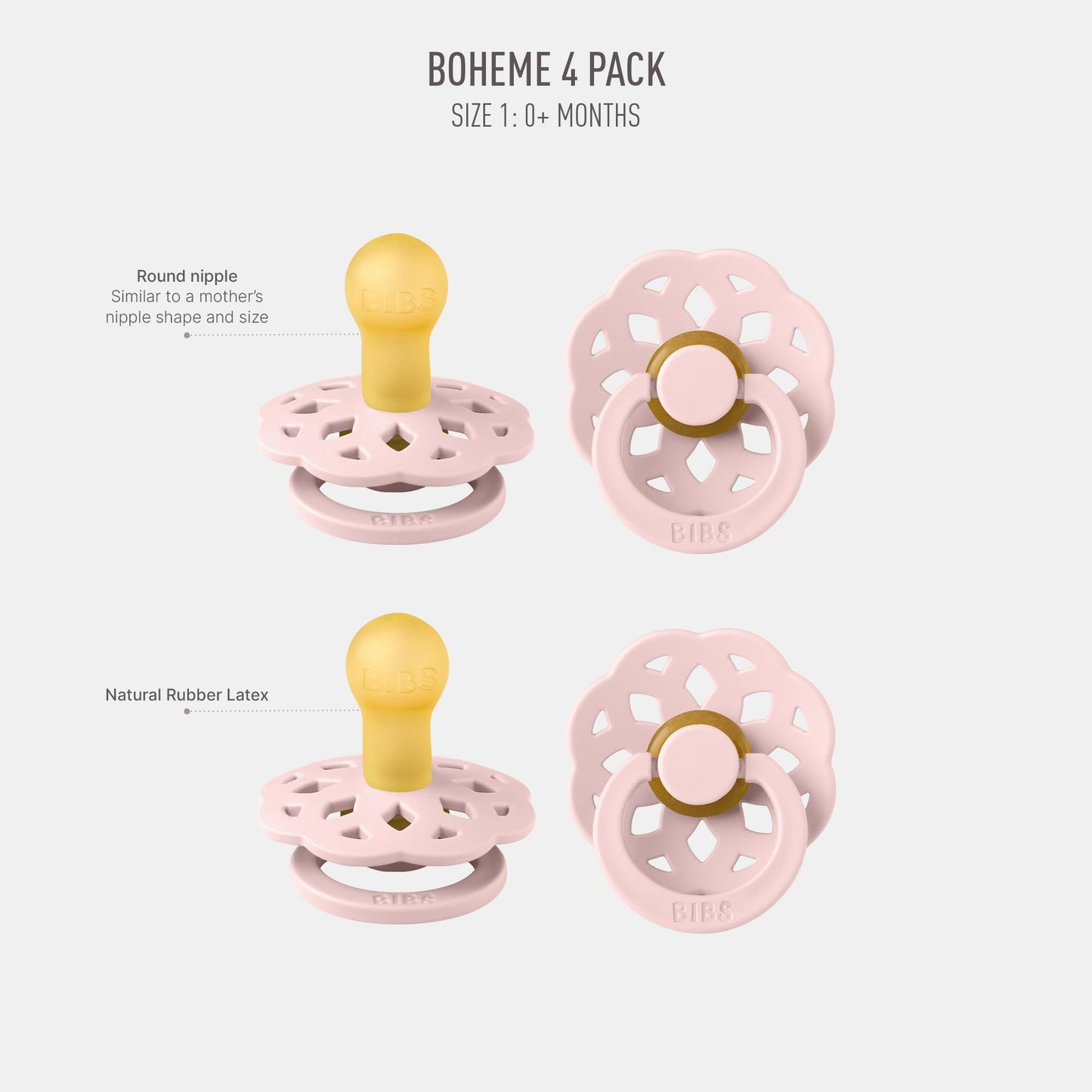BIBS Boheme Schnuller 4er-Pack. BPA-frei, Kirschform Nippel. Naturkautschuk/Latex, Hergestellt in Dänemark. Größe 1/2, (0-6 Monate/6-18 Monate), (4er Pack), Vanilla Mix - Meloni2